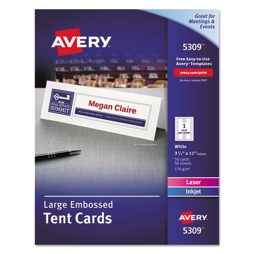 Avery® Large Embossed Tent Card, White, 3.5 X 11, 1 Card/Sheet, 50 Sheets/Box