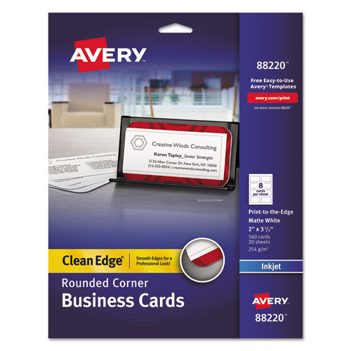 Round Corner Print-to-the-Edge Business Cards, Inkjet, 2 x 3.5, White, 160 Cards, 8 Cards/Sheet, 20 Sheets/Pack