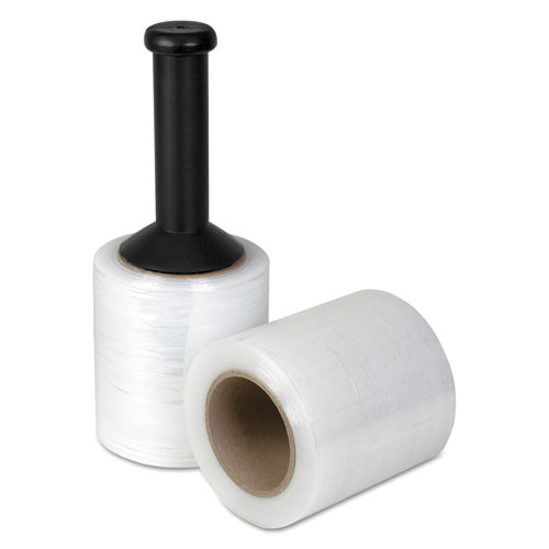 Image of Unstretched Handwrap Film with Reusable Handle-Style Dispenser, 5" x 1,000 ft, 20 mic (80-Gauge), Clear, 12/Carton