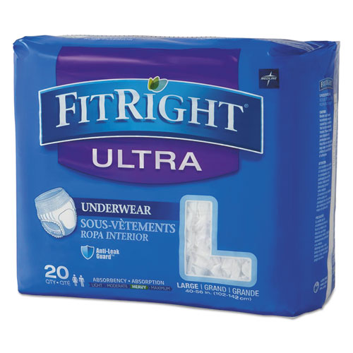 Image of Medline Fitright Ultra Protective Underwear, Large, 40" To 56" Waist, 20/Pack, 4 Pack/Carton