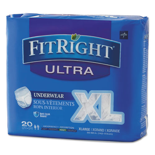 Medline Fitright Ultra Protective Underwear, X-Large, 56" To 68" Waist, 20/Pack, 4 Pack/Carton