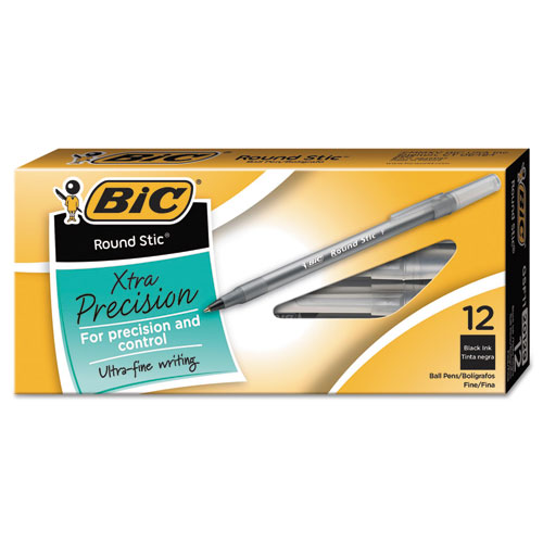 Round Stic Xtra Precision Stick Ballpoint Pen, 0.8mm, Black Ink, Smoke Barrel, Dozen | by Plexsupply