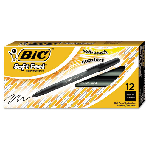 BIC® Soft Feel Stick Ballpoint Pen, Black Ink, 1mm, Medium, Dozen