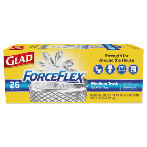 Glad® ForceFlex Medium Quick-Tie Trash Bags, 0.69 mil, 8 gal, White, 26/Box