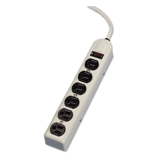 Image of Six-Outlet Metal Power Strip, 120V, 6 ft Cord, 12.19 x 2.5 x 1.38, Platinum
