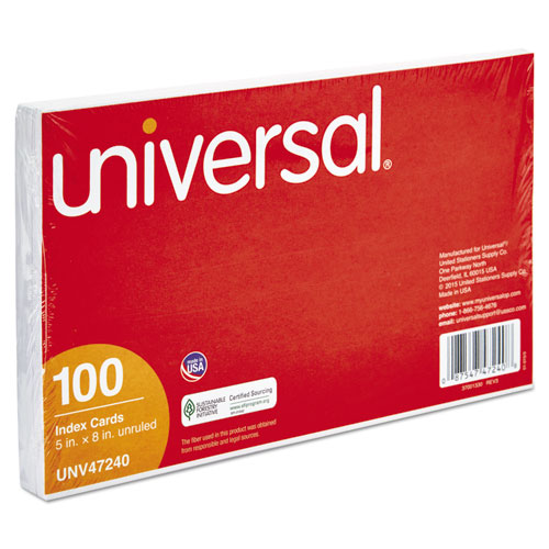 Universal® Unruled Index Cards, 5 x 8, White, 100/Pack