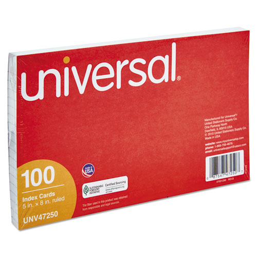 Universal® Ruled Index Cards, 5 x 8, White, 100/Pack
