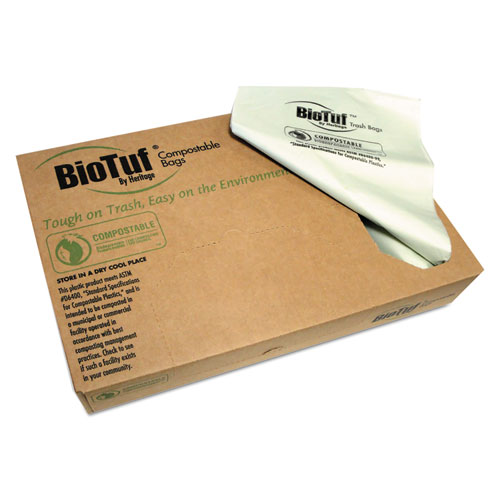 Heritage Biotuf Compostable Can Liners, 13 gal, 0.88 mil, 24" x 32", Green, 25 Bags/Roll, 8 Rolls/Carton