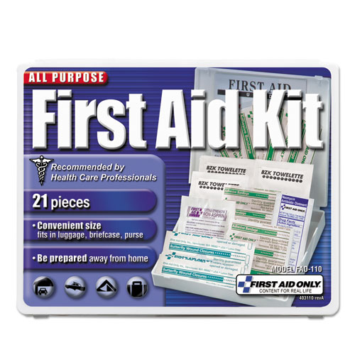 All-Purpose First Aid Kit, 21 Pieces, 4.75 x 3, Plastic Case FAO110