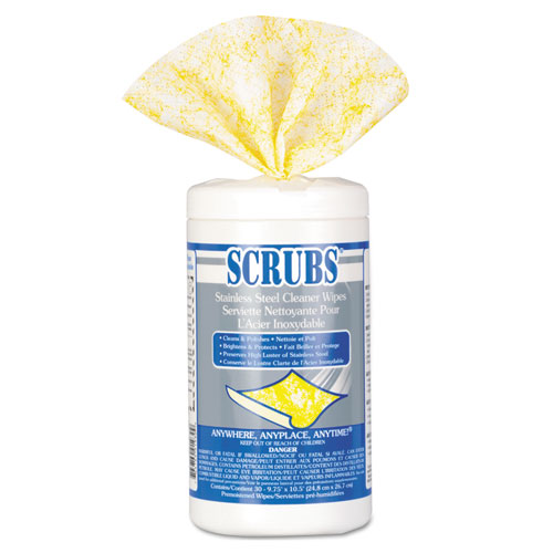 Scrubs® Stainless Steel Cleaner Towels, 1-Ply, 9.75 X 10.5, Lemon Scent, 30/Canister, 6 Canisters/Carton