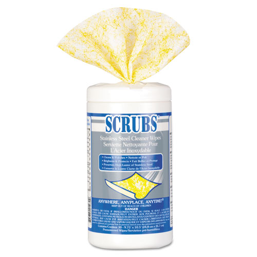 SCRUBS® Stainless Steel Cleaner Towels, 1-Ply, 9.75 x 10.5, Lemon Scent, 30/Canister, 6 Canisters/Carton