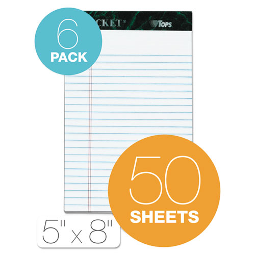 Image of Tops™ Docket Ruled Perforated Pads, Narrow Rule, 50 White 5 X 8 Sheets, 6/Pack