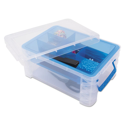 Super Stacker Divided Storage Box, 6 Sections, 10.38 x 14.25 x 6.5, Clear/Blue