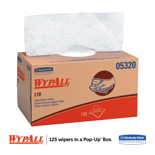 Image of Wypall® L10 Towels, Pop-Up Box, 1-Ply, 9 X 10.5, White, 125/Box, 18 Boxes/Carton