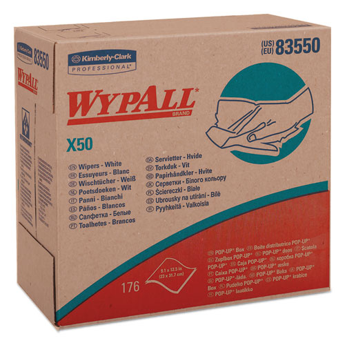 WypAll® X50 Cloths, POP-UP Box, 12.5 x 9.1, White, 176/Box, 10 Boxes/Carton