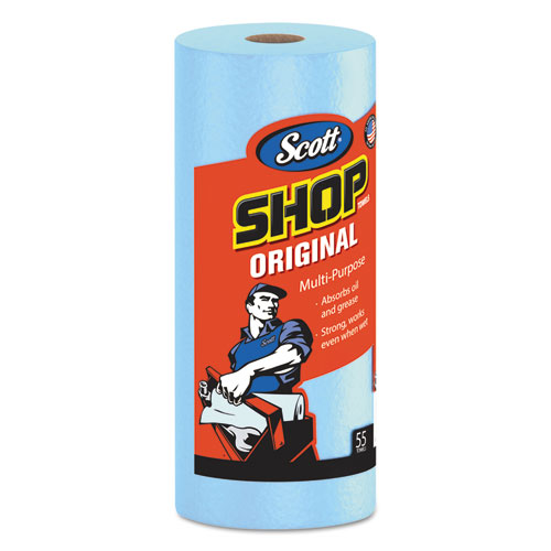 Image of Shop Towels, Standard Roll, 1-Ply, 9.4 x 11, Blue, 55/Roll, 30 Rolls/Carton