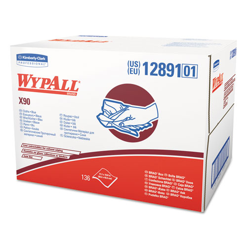 WypAll® X90 Cloths, BRAG Box, 2-Ply, 11.1 x 16.8, Denim Blue, 136/Carton