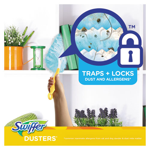 Image of Swiffer® Dusters Starter Kit, Dust Lock Fiber, 6" Handle, Blue/Yellow, 6/Carton