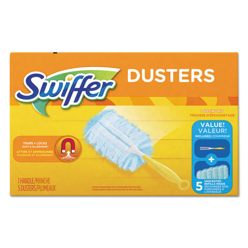 Swiffer® Dusters Starter Kit, Dust Lock Fiber, 6" Handle, Blue/Yellow, 6/Carton