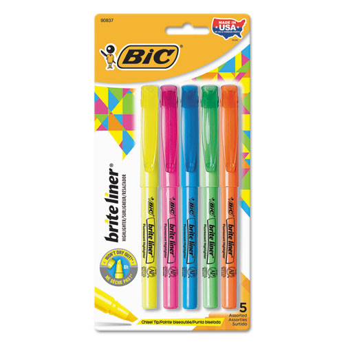 Image of Bic® Brite Liner Highlighter, Assorted Ink Colors, Chisel Tip, Assorted Barrel Colors, 5/Set
