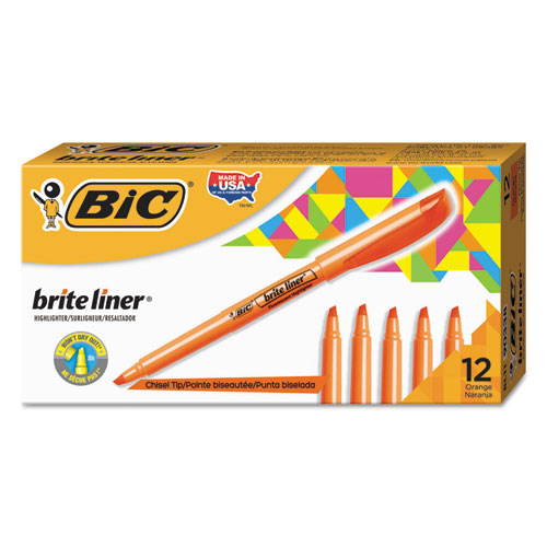 Image of Bic® Brite Liner Highlighter, Fluorescent Orange Ink, Chisel Tip, Orange/Black Barrel, Dozen