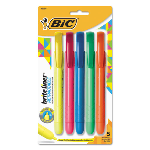 BIC® Brite Liner Retractable Highlighter, Chisel Tip, Assorted Colors, 5/Set