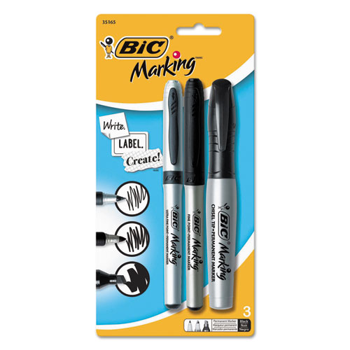 BIC® Marking Multi Tip Permanent Marker, Assorted Color, Fine/Ultra-Fine/Chisel, 3/PK