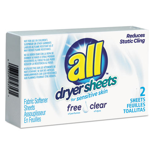 All® Free Clear Vend Pack Dryer Sheets, Fragrance Free, 2 Sheets/Box, 100 Box/Carton