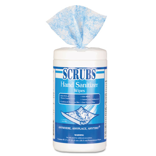 SCRUBS® Hand Sanitizer Wipes, 6 x 8, Unscented, Blue/White, 85/Canisters, 6 Canisters/Carton