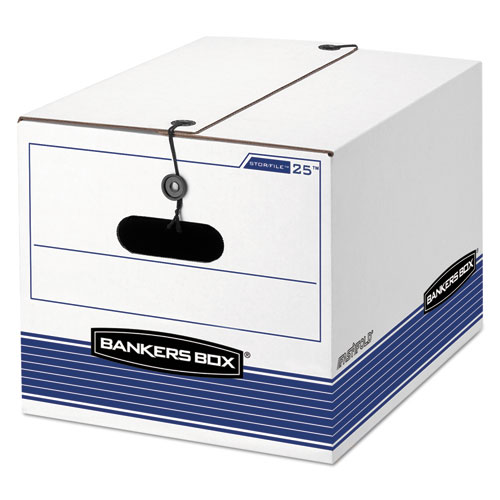 Bankers Box® Stor/File Medium-Duty Strength Storage Boxes, Letter/Legal Files, 12.25" X 16" X 11", White/Blue, 4/Carton