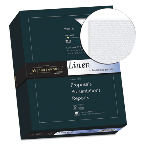 Image of Southworth® 25% Cotton Linen Business Paper, 91 Bright, 24 Lb Bond Weight, 8.5 X 11, White, 500/Ream