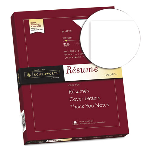 Image of 100% Cotton Resume Paper, 95 Bright, 24 lb Bond Weight, 8.5 x 11, White, 100/Pack