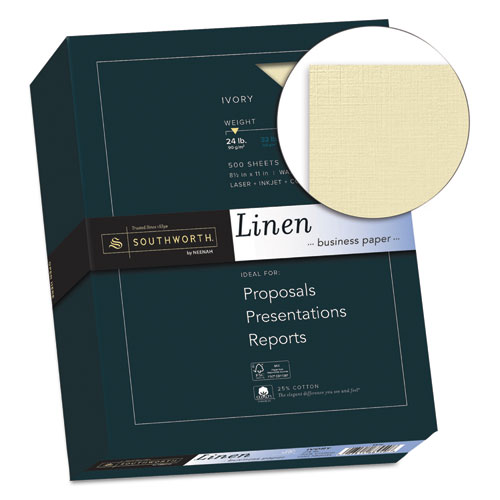 25% Cotton Linen Business Paper, 24 lb Bond Weight, 8.5 x 11, Ivory, 500/Ream