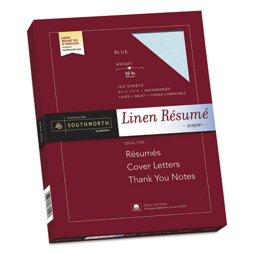 100 Cotton Premium Weight Linen Resume Paper, 32 lb, 8.5 x 11, Blue, 100/Pack
