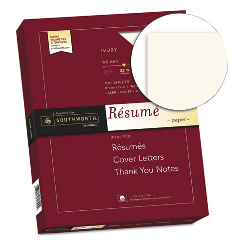 100% Cotton Resume Paper, 32 lb Bond Weight, 8.5 x 11, Ivory, 100/Pack