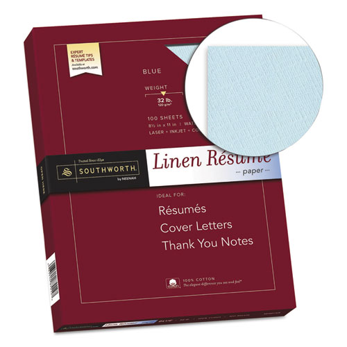 Image of 100% Cotton Premium Weight Linen Resume Paper, 32 lb Bond Weight, 8.5 x 11, Blue, 100/Pack