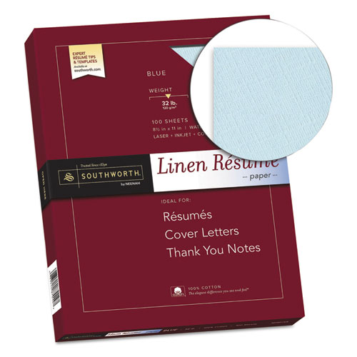 100% Cotton Premium Weight Linen Resume Paper, 32 lb, 8.5 x 11, Blue, 100/Pack