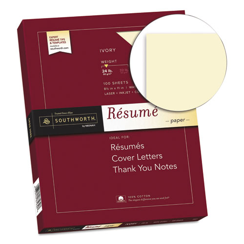 Image of Southworth® 100% Cotton Resume Paper, 24 Lb Bond Weight, 8.5 X 11, Ivory, 100/Pack