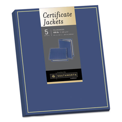 Certificate Jacket, Navy/Gold Border, Felt, 88lb Stock, 12 x 9 1/2, 5/Pack | by Plexsupply
