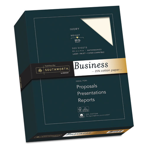 Southworth® 25% Cotton Business Paper, 24lb, 95 Bright, Ivory, 8 1/2 x 11, 500 Sheets