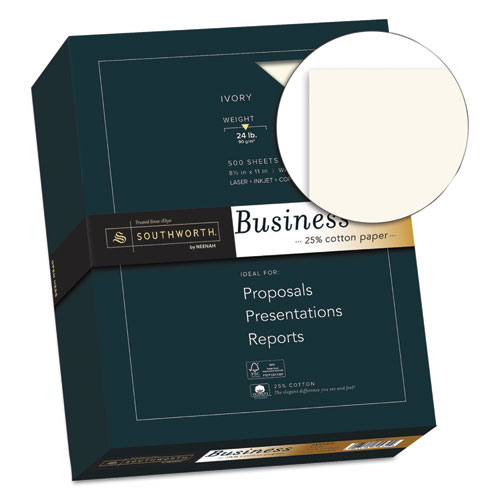 Image of Southworth® 25% Cotton Business Paper, 95 Bright, 24 Lb Bond Weight, 8.5 X 11, Ivory, 500 Sheets/Ream