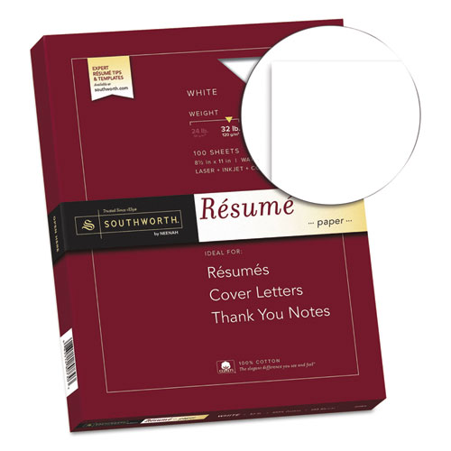 100% Cotton Resume Paper, 95 Bright, 32 lb, 8.5 x 11, White, 100/Pack