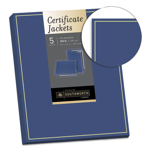 Certificate Jacket, Navy/Gold Border, 88-lb Felt Finish Stock, 12 x 9.5, 5/Pack