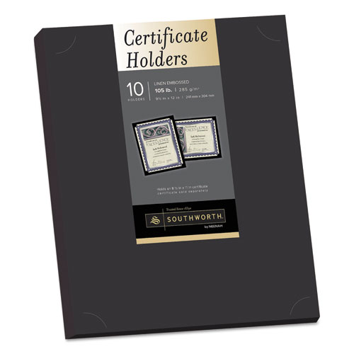 Certificate Holder, Black, 105lb Linen Stock, 12 x 9 1/2, 10/Pack | by Plexsupply