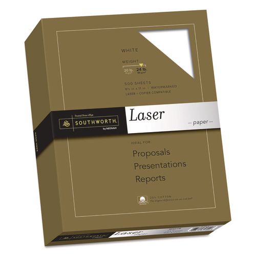 Southworth® 25% Cotton Laser Paper, 95 Bright, 24 lb Bond Weight, 8.5 x 11,  White, 500/Ream