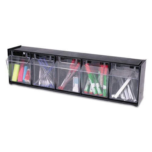 deflecto® Tilt Bin Plastic Storage System w/5 Bins, 23 5/8 x 5 1/4 x 6 1/2, Black