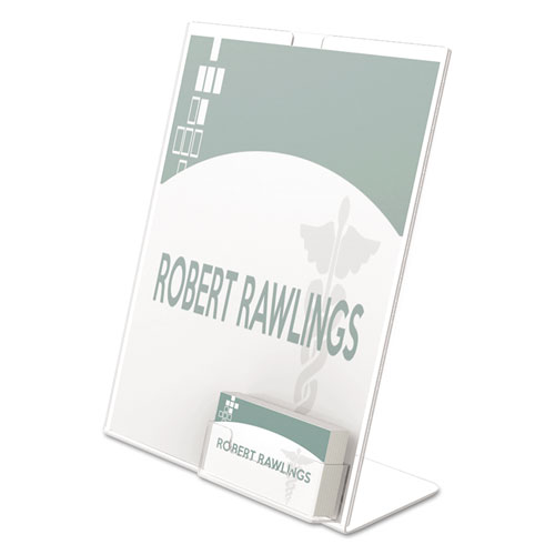 Deflecto® Superior Image Slanted Sign Holder With Business Card Holder, 8.5W X 4.5D X 11H, Clear