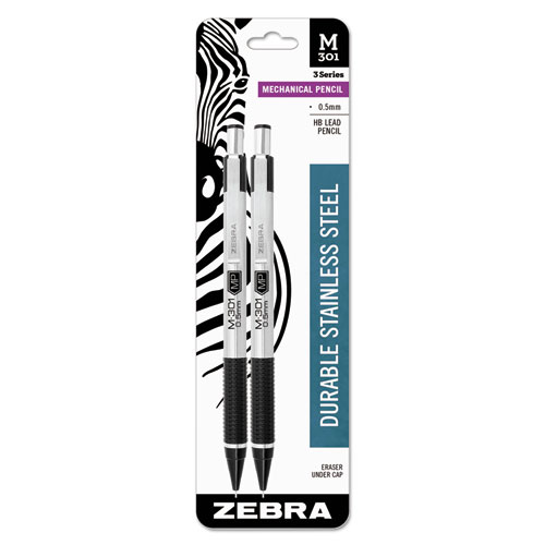 Zebra® M-301 Mechanical Pencil, 0.5 Mm, Hb (#2.5), Black Lead, Steel/Black Accents Barrel, 2/Pack
