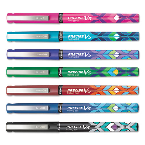 Pilot® Precise V5 Roller Ball Stick Pen, Precision Point, Assorted Ink, .5 mm, 7/Pack