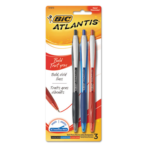 ATLANTIS BOLD RETRACTABLE BALLPOINT PEN, BOLD 1.6MM, ASSORTED INK/BARREL, 3/PACK